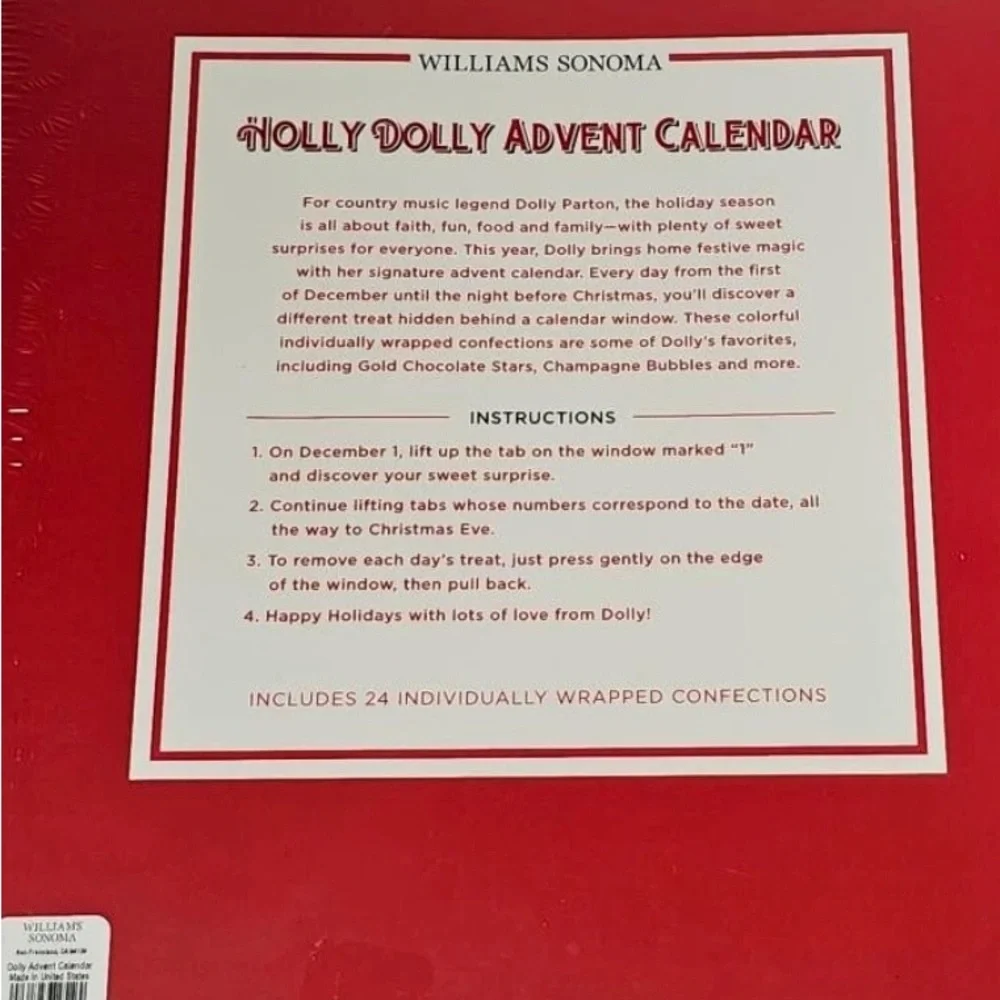 Williams Sonoma Holly Dolly Advent Calendar with 24 days of sweets! NWT FESTIVE!